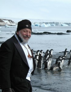 Dr. Sheldon Silber in tails and tie to match the Antarctic penguins